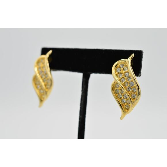Vintage Leaf Earrings Shiny Pave Rhinestone Crystal Gold Dangle 1980s 9C - Picture 2 of 7
